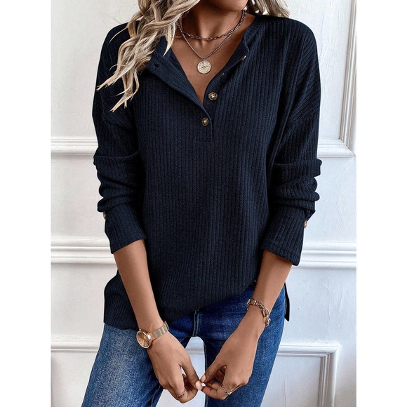 preppy Half Button Drop Shoulder ribbed Knit long sleeve Tee - Picture 9 of 11